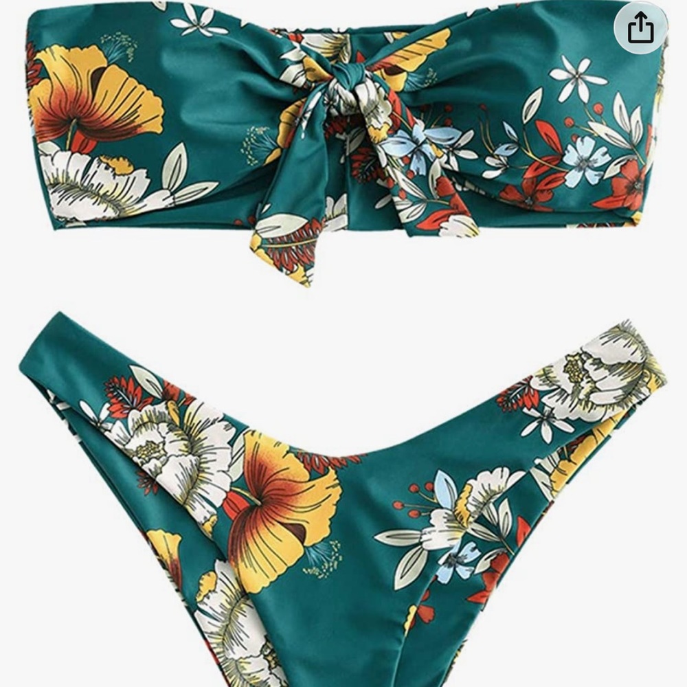 ZAFUL Floral Print Bandeau Bikini Set High Cut Strapless Knot Front Swimsuit